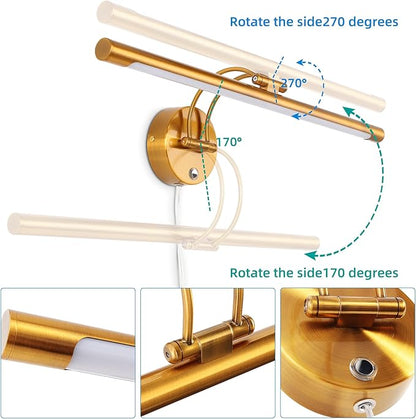 MantoLite 24'' Picture Lights for Wall,Vanity Lights for Bathroom,Plug-in or Hardwired,12W LED 3CCT Dimmable Light Fixture Brass Modern Bathroom Lighting Fixtures Over Mirror Wall Lights for Bedroom