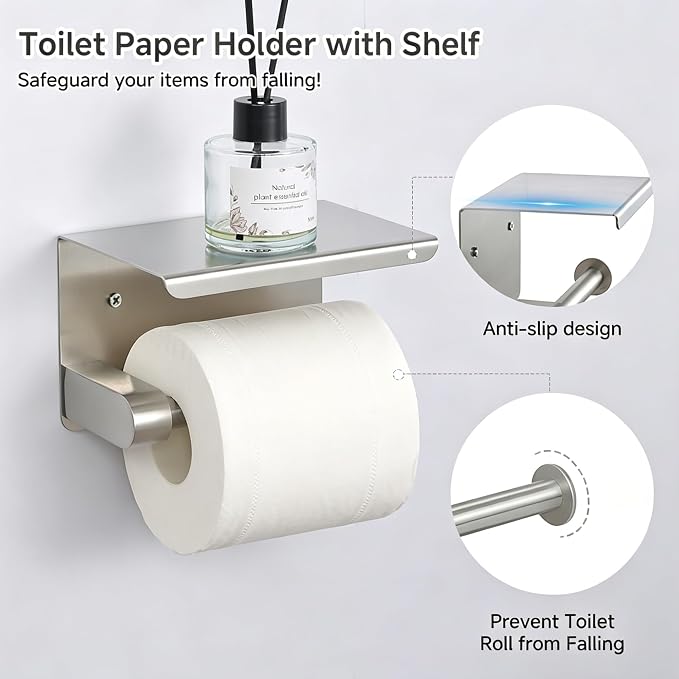 7-Piece Bathroom Hardware Accessories Set, SUS304 Towel Bar, Silver | 25.9-Inch Towel Rack, Oval Towel Ring, Toilet Paper Holder with Shelf & 4 Robe Towel Hooks, Wall-Mounted Towel Holder Set