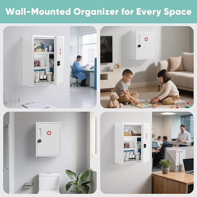 Wall Mount Locking Medicine Cabinet, Empty Metal Medicine Storage Box with All-Metal Digit Lock, Bathroom Cabinet Organizer Over the Toilet, Keyless First Aid Box for Home School Business