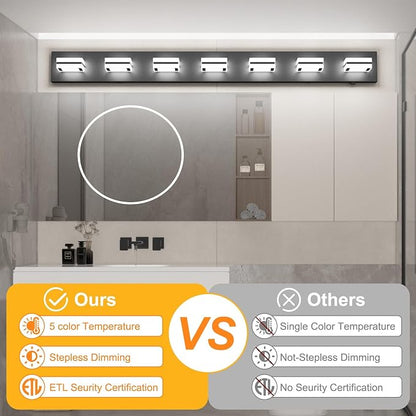 Ralbay 5 Color Temperature Dimmable 46inch Matte Black Vanity Lights Acrylic Modern LED Black Vanity Lighting for Bathroom 7 Lights