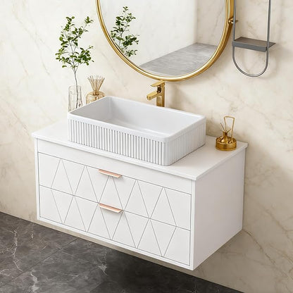 32" Modern White Stripe Bathroom Vanity Sink Set Wall-Mounted Bathroom Vanities with Above Ceramic Sink 32 inch Floating Wood Bathroom Sinks Storage Cabinet with Gold Handle 2 Drawers
