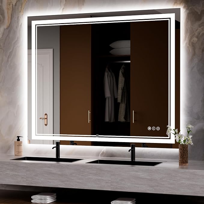 44x36 Inch LED Bathroom Mirror with Lights | Front and Backlit, 3 Colors, Dimmable, Memory, Anti Fog, Shatterproof, Horizontal/Vertical, Lighted Mirrors for Bathroom Wall