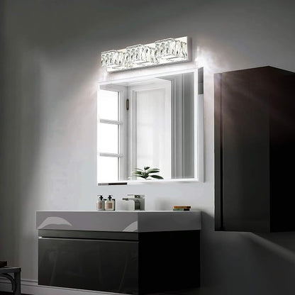 Modern Bathroom Vanity Lights - Crystal 3 Light Vanity Lighting Fixtures - Chrome Bathroom LED Light Fixture Over Mirror 6000K Cool White Light