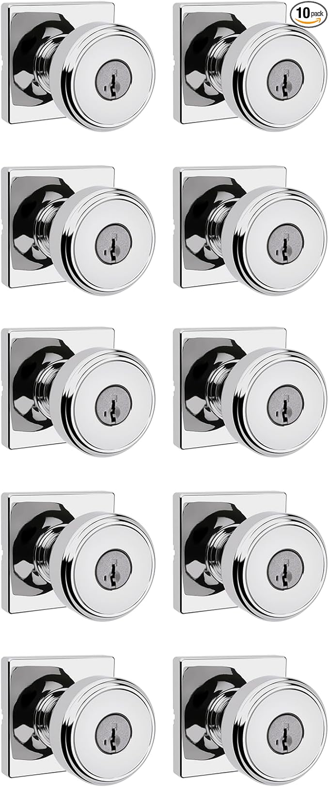Kwikset Maven Entry Door Knob with Lock and Key, Secure Keyed Handle Exterior, Front Entrance and Bedroom, Polished Chrome, 10 Pack, Pick Resistant SmartKey Rekey Security