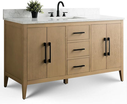 Vanity Art 60 inch Bathroom Vanity with Single Sink & Ceramic Top, Vanity Cabinet with Soft-Closing Doors, Drawers, Solid Wood Frame, Natural Oak, VA9060-SNO-MB1