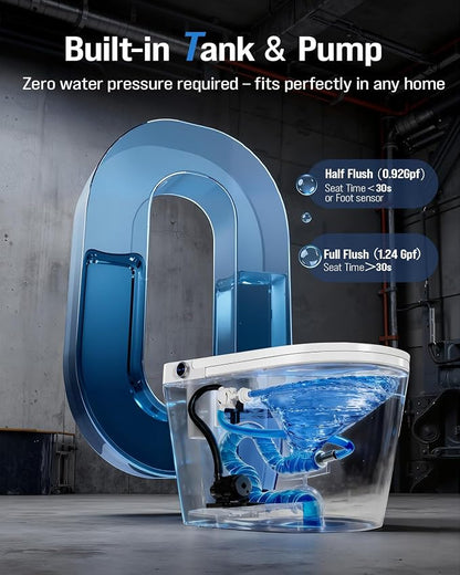 Electric Smart Toilet with Bidet Built-In & Tank, No Water Pressure Limit, Modern Design with Foam Shield, Foot Sensor & Auto Flush, Elongated One Piece, Heated Seat, Warm Air Dryer, 1000g MaP Flush