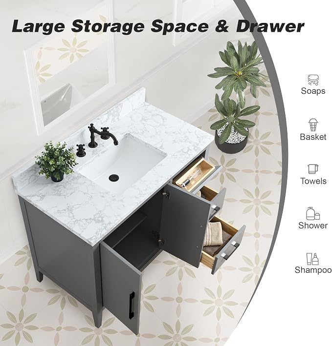42 Inch Bathroom Vanity with Sink & Ceramic Top, Single Vanity Cabinet with Basin, Soft-Closing Doors & Matte Black Hardware, Grey