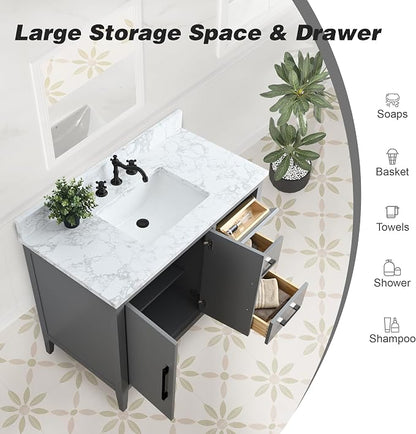 42 Inch Bathroom Vanity with Sink & Ceramic Top, Single Vanity Cabinet with Basin, Soft-Closing Doors & Matte Black Hardware, Grey