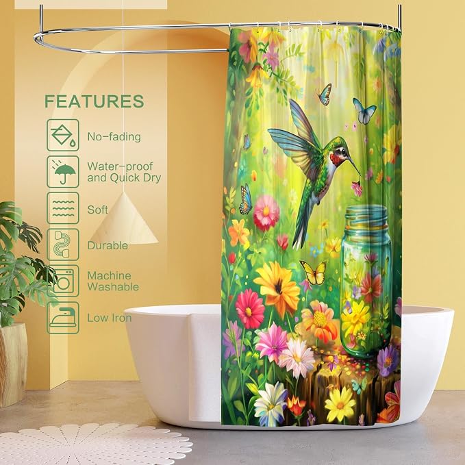 Floral Hummingbird Shower Curtain for Bathroom with Hooks Green 72x72 | Flowers Bird Wish Bottle Shower Curtain Polyester Waterproof Machine Washable Farmhouse Home Decor Bath Curtain