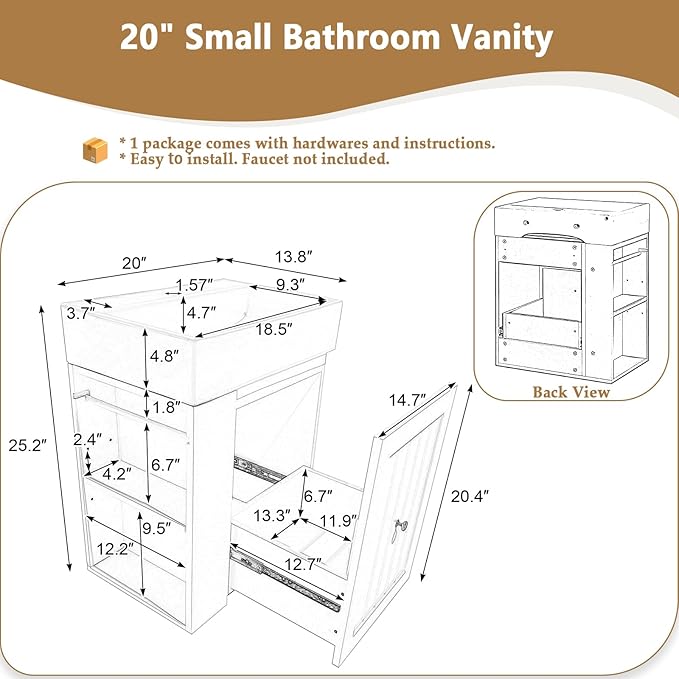 20" Floating Small Bathroom Vanity with Sink, Wall Mounted Vanity for Compact Bathrooms, Space-Saving Narrow Bathroom Vanities with Soft-Close Drawer Open Shelf Towel Bar (White,20" Floating Drawer)