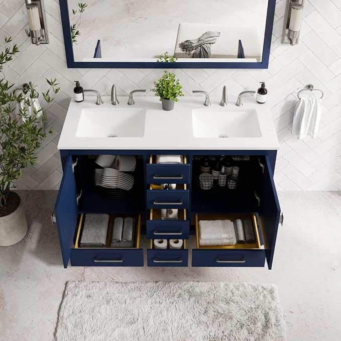 Eviva Aberdeen 48 Inch Bath Vanity with Sink Blue Bathroom Vanity with Carrara Quartz Top Freestanding Double Sink Bath vanities with Spacious Storage -Bathroom Sink Cabinet and top Combo