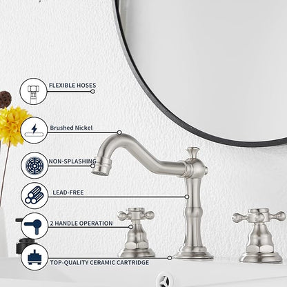 GGStudy Two Handles Three Holes Faucet 8-16 inch Widespread Bathroom Sink Faucet Brushed Nickel Basin Tap Mixer Faucet Matching Metal Pop Up Drain