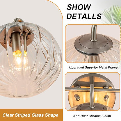 Lingkai 3 Light Bathroom Light Fixtures,Brushed Nickel Modern Vanity Lights with Clear Striped Glass Shades,Bathroom Vanity Lighting Over Mirror for Living Room Dinning Room Bedroom