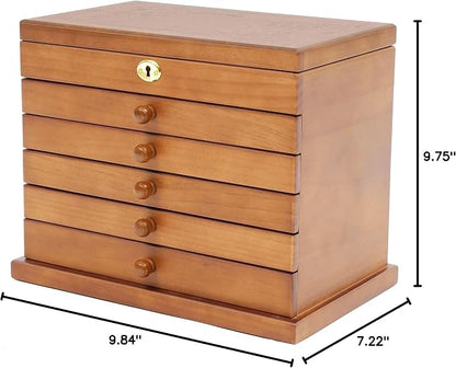 Large Wooden Jewelry Box for Women, Classic 6-layer Jewelry Storage Organizer with Mirror and Lock for Watches, Necklace, Ring (Brown)