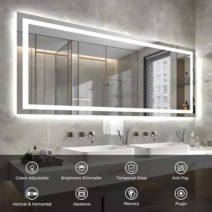 Hivone 72"X32" LED Bathroom Mirror with Lights, Anti-Fog, Dimmable, Backlit + Front Lit, Smart Bathroom Vanity Mirror, Memory Function, Shatterproof, Tempered Glass (Horizontal/Vertical)