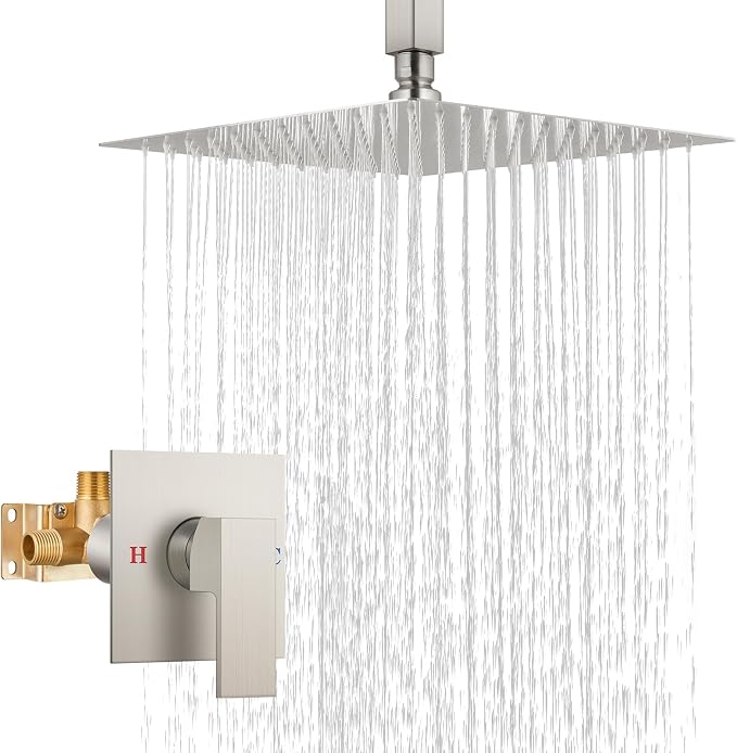 Airuida 10 Inch Brushed Nickel Shower Faucet Set,Rainfall Shower System | Ceiling Shower Head,Male Thread Rough-in Valve,Ceiling Mount,Single Handle