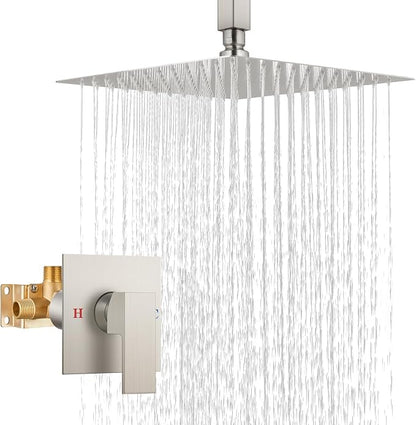 Airuida 10 Inch Brushed Nickel Shower Faucet Set,Rainfall Shower System | Ceiling Shower Head,Male Thread Rough-in Valve,Ceiling Mount,Single Handle