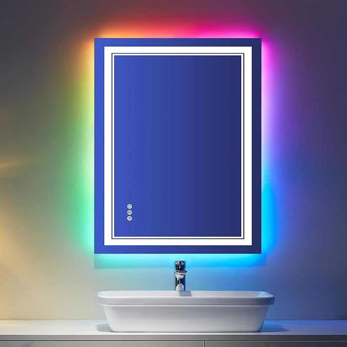 28x36 Inch RGB LED Bathroom Mirror with Lights | Front and RGB Backlit, Dimmable, Memory, Anti Fog, Shatterproof, Horizontal/Vertical, Lighted Mirrors for Bathroom Wall