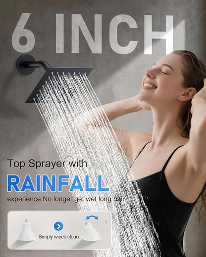 Woindo 4 Function Shower Faucet Set 12" Rain Shower Head/6'' Side Shower Head and 3 Setting Handheld Ceiling Mount Push Button Diverter Complete Rainfall Round Shower System Included Valve Trim Kit