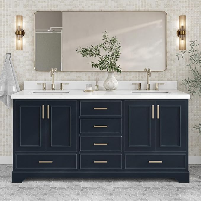 ARIEL Stafford 72-inch Bathroom Vanity with Sink,Solid Wood, 1.5-inch Pure White Quartz Countertop, Double Rectangular Porcelain Sink, 4 Soft Closing Doors, 6 Dovetail Drawers, Midnight Blue