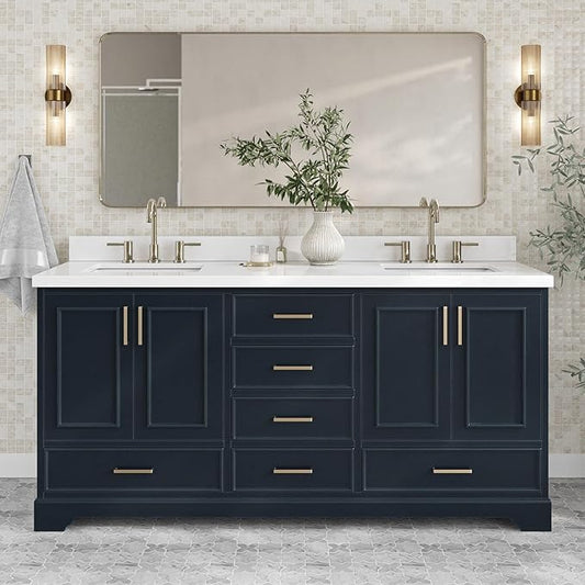 ARIEL Stafford 72-inch Bathroom Vanity with Sink,Solid Wood, 1.5-inch Pure White Quartz Countertop, Double Rectangular Porcelain Sink, 4 Soft Closing Doors, 6 Dovetail Drawers, Midnight Blue