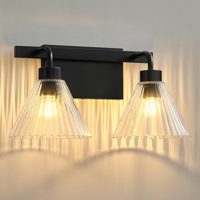 AIJIASI Bathroom Vanity Light 2-Light Modern Black Bathroom Light Fixtures Over Mirror with Ribbed Glass Shade, 16 Inch Vanity Lighting Fixtures for Bedroom Living Room Hallway