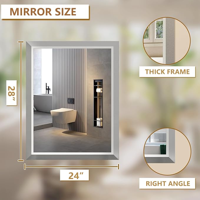 SMIROR 24x28 Brushed Silver Bathroom Vanity Mirror for Over Sink | Metal Wide Frame, Rectangle, Right- Angle Corner, Anti-Rust, Horizontally or Vertically Wall- Mounted for Home Remodel