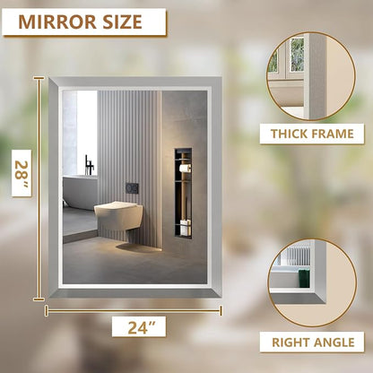SMIROR 24x28 Brushed Silver Bathroom Vanity Mirror for Over Sink | Metal Wide Frame, Rectangle, Right- Angle Corner, Anti-Rust, Horizontally or Vertically Wall- Mounted for Home Remodel