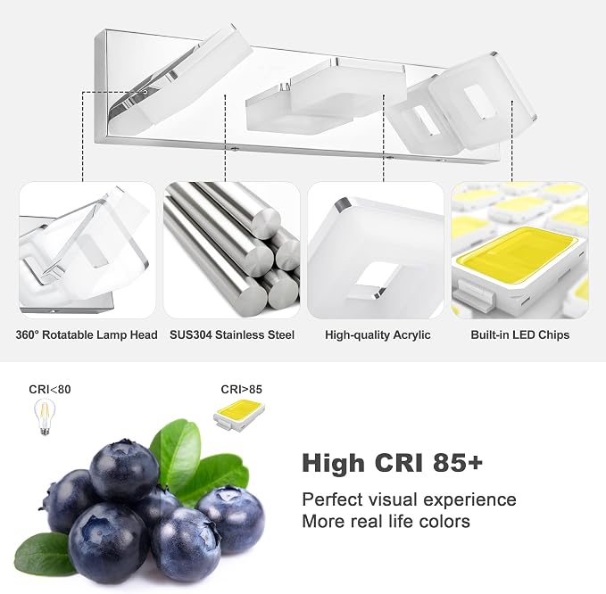 GOODATE 3 Colors Dimmable Bathroom Light Fixtures Over Mirror, LED Chrome Vanity Lights, Acrylic Stainless Steel 3 Light Bathroom Vanity Light, Adjustable 3000K/4000K/6000K, 360° Rotate