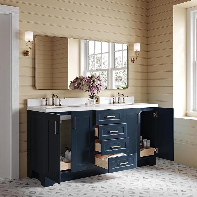 ARIEL Taylor 72-inch Bathroom Vanity with Sink,Solid Wood, 1.5-inch Carrara White Quartz Countertop, Double Rectangular Porcelain Sink, 4 Soft Closing Doors, 6 Dovetail Drawers, Midnight Blue