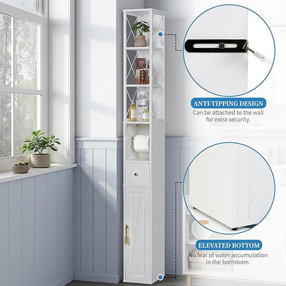 VECELO 67" Narrow Storage Cabinet, Tall Slim Corner Cabinet, Corner Storage with X-Shaped Metal Frame, Toilet Paper Holder, Magnetic Door, Ideal for Small Space, White