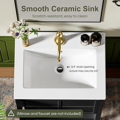 24 Inch Bathroom Vanity with Sink, Small Farmhouse Freestanding Bathroom Cabinet Combo Set, Soft Closing Door and Open Storage Shelf, Black