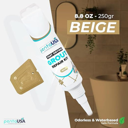 PentaUSA Premixed Tile Grout Repair - Warm Beige (8.8oz/250g) | 5 beige shades with RAL codes, premixed acrylic sanded, bathroom shower kitchen tile, water-resistant, 24-hour cure, 29 sq ft