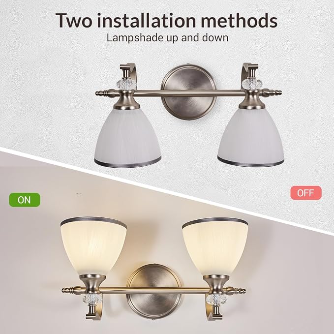 Brushed Nickel Vanity Light, 2-Light Bathroom Light Fixtures with Milky White Bell-Shape Glass Shades, Eye-Friendly Bathroom Wall Lamp for Mirror, Kitchen, Bedroom, Hallway