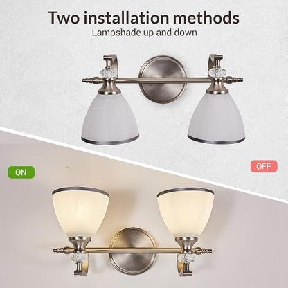 Brushed Nickel Vanity Light, 2-Light Bathroom Light Fixtures with Milky White Bell-Shape Glass Shades, Eye-Friendly Bathroom Wall Lamp for Mirror, Kitchen, Bedroom, Hallway