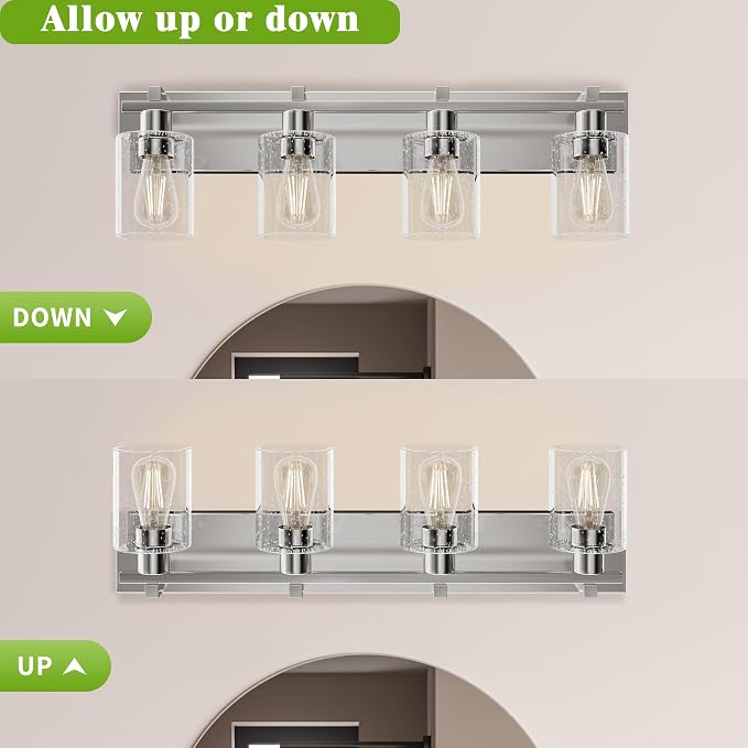 4-Light 30inch Brushed Nickel Vanity Light, Thickened Seeded Glass | Over Mirror for Bathroom, Rust Resistant, E26 Base, Easy Install, Removable Glass Shade Horizontal Mount, Dimmable