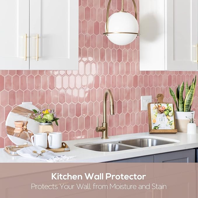 Vamos Tile Thicker Design Long Hexagon Peel and Stick Backsplash Tile | 10-Sheet Pink with Pink Grout Self Adhesive Wall Tiles Stick On Backsplash for Kitchen Bathroom RV Fireplace
