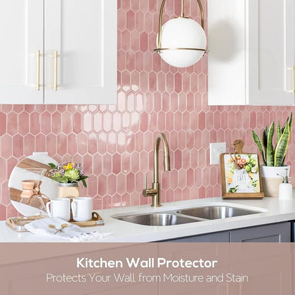 Vamos Tile Thicker Design Long Hexagon Peel and Stick Backsplash Tile | 10-Sheet Pink with Pink Grout Self Adhesive Wall Tiles Stick On Backsplash for Kitchen Bathroom RV Fireplace
