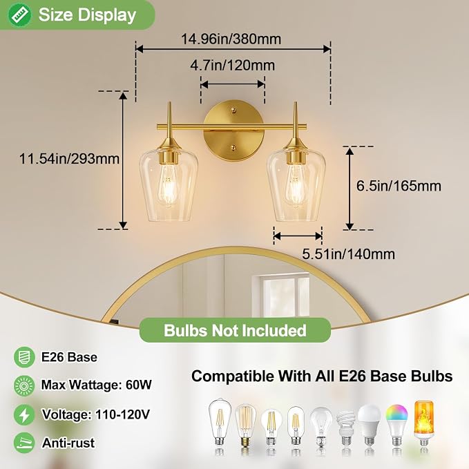 MOKATNG 2-Light Bathroom Light Fixtures, Gold Vanity Lights for Bathroom with Clear Glass, Bathroom Lighting Fixtures Over Mirror, Modern Wall lamp for Cabinet Hallway