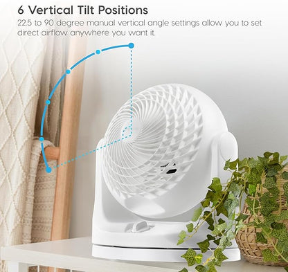 IRIS USA WOOZOO Desk Fan, Oscillating Table Air Circulator, 3 Speeds, 52ft Max Air Distance, 112° Adjustable Tilt, 30db Quiet Motor, Small Fan for Bedroom, Office, Dorm, White