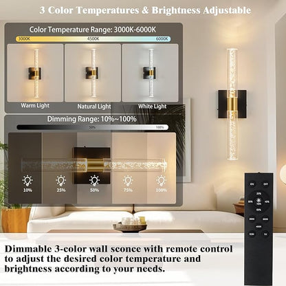 Battery Operated Wall Sconces Set of Two, Rechargeable Modern Crystal Bathroom Sconces, 3000K-6000K Dimmable Gold LED Wireless Wall Lights for Vanity Bedroom Living Room Hallway（Black Gold）