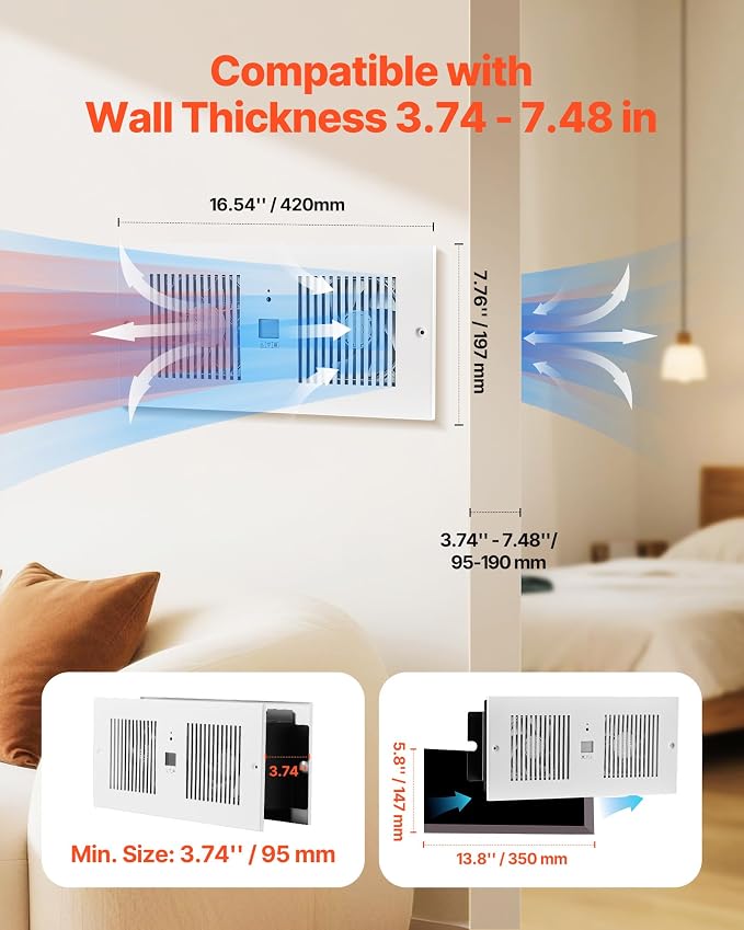VEVOR Room to Room Fan, Intake & Exhaust Dual Airflow Through-the-Wall Fan with Remote & Temperature Control, 300 CFM 10-Speed Ventilation Quiet In-Wall Vent for Living, Laundry Room Indoor