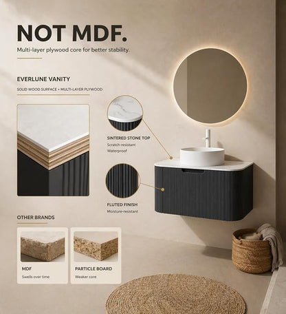 30 Inch Bathroom Vanity with Sink, Floating Wall Mounted Single Sink Vanity, Black Curved Fluted Front, Stone Top, Pure White Round Vessel Basin, Pre-Assembled