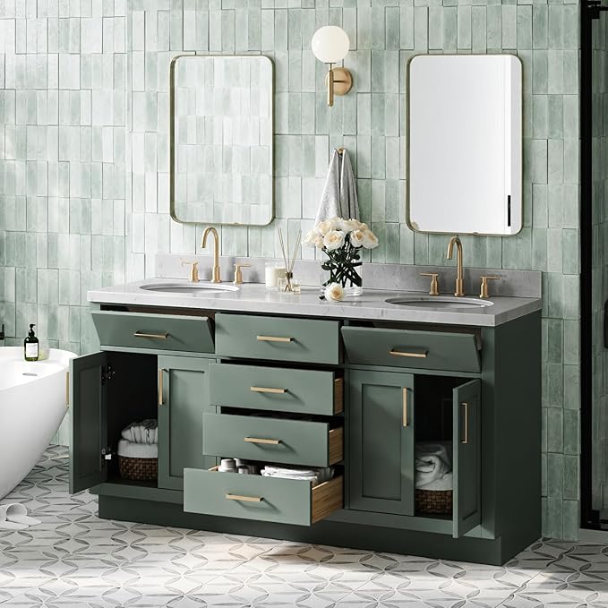 ARIEL Hepburn 66 Inch Double Oval Sink Bathroom Vanity with Carrara White Quartz Countertop 1.5 Inch in Vintage Green