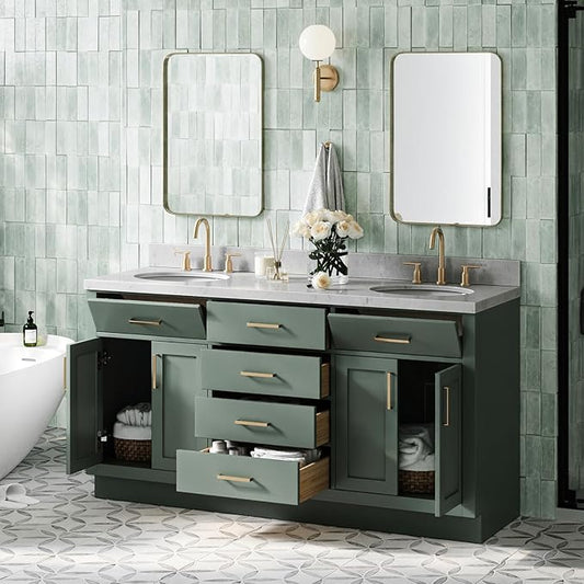 ARIEL Hepburn 66 Inch Double Oval Sink Bathroom Vanity with Carrara White Quartz Countertop 1.5 Inch in Vintage Green