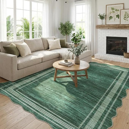Garvee Scalloped Rug 9x12 Green Washable Rug for Living Room | Girls Rug for Bedroom Non-Slip Soft Carpet for Bedroom, Scalloped Low-Pile Print Accent Rug for Dining Room Home Office