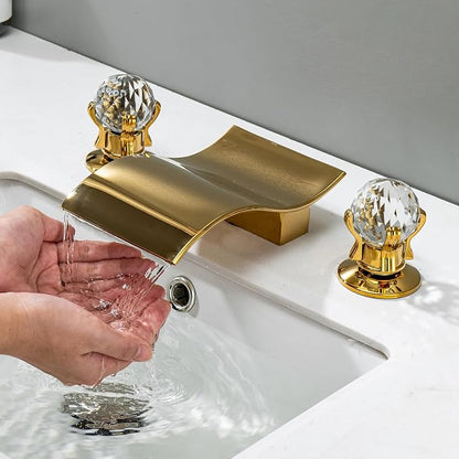 Widespread Bathroom Sink Faucet with Crystal Knob 3 Hole Waterfall Vanity Faucet 8 Inch Crystal Bathroom Faucets Deck Mount Basin Mixer Tap with Hose, Polished Gold