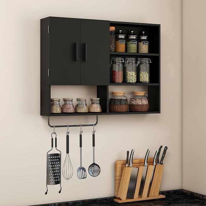 Bathroom Wall Cabinet, Medicine Cabinet, with Towel Bar & 2 Doors, Black