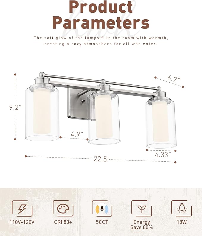 HWH Modern Bathroom Light Fixtures, Clear Glass, 5CCT, 5HLT63B-3W-LED BN | Dimmable, Brushed Nickel, 18W, Vanity Lights for Bathroom, Wall Light Fixtures, Smooth LED Brightness Adjustment, ETL Listed