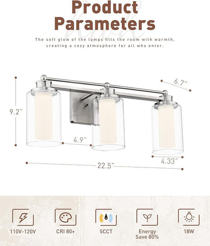 HWH Modern Bathroom Light Fixtures, Clear Glass, 5CCT, 5HLT63B-3W-LED BN | Dimmable, Brushed Nickel, 18W, Vanity Lights for Bathroom, Wall Light Fixtures, Smooth LED Brightness Adjustment, ETL Listed